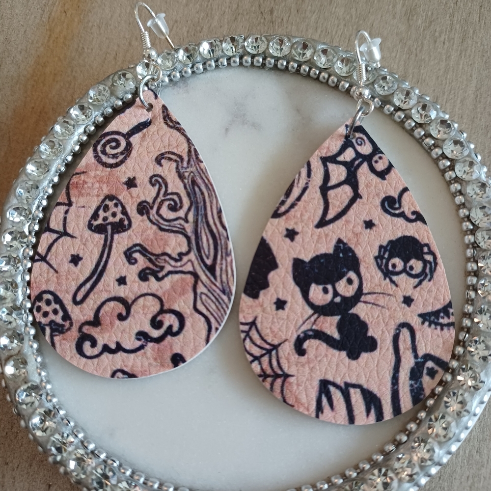 Orange Cream Ghost Bat Spider Leather Teardrop Dangle Drop Earrings